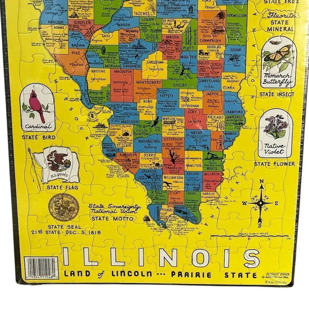 Vintage Austin Peirce 1986 State of Illinois Jigsaw Puzzle Map Puzzlin' State